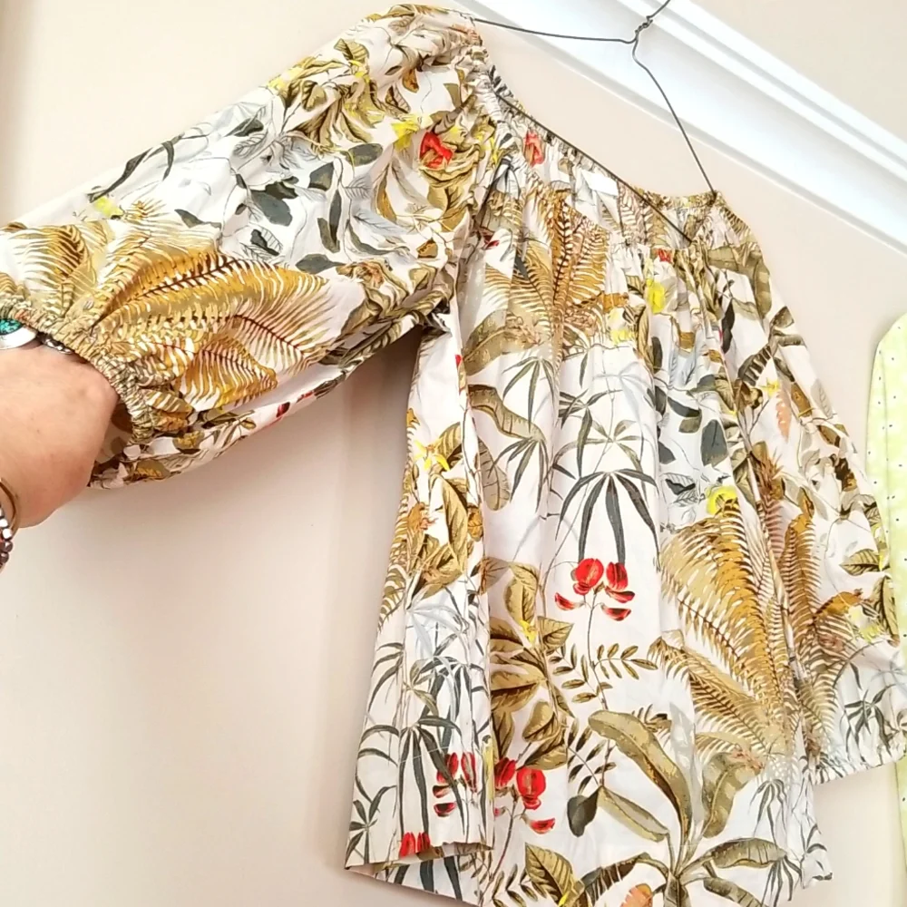 H&M botanical fern ginger poet gypsy jungle blouse - puff sleeve xs - Picture 2 of 6